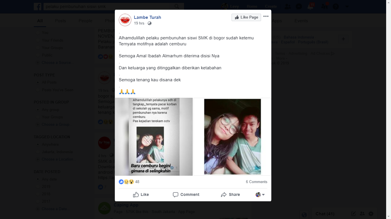 Salah Postingan Akun Facebook Lambe Turah Yang Sebut Pelaku