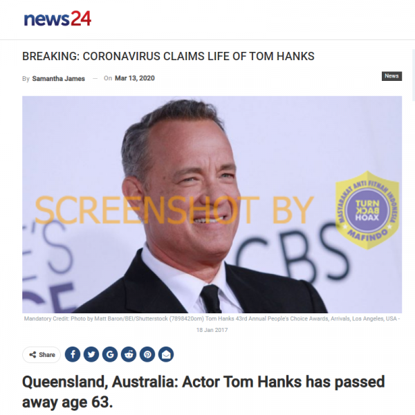 [FALSE] “Queensland, Australia: Actor Tom Hanks Has Died At The Age Of ...