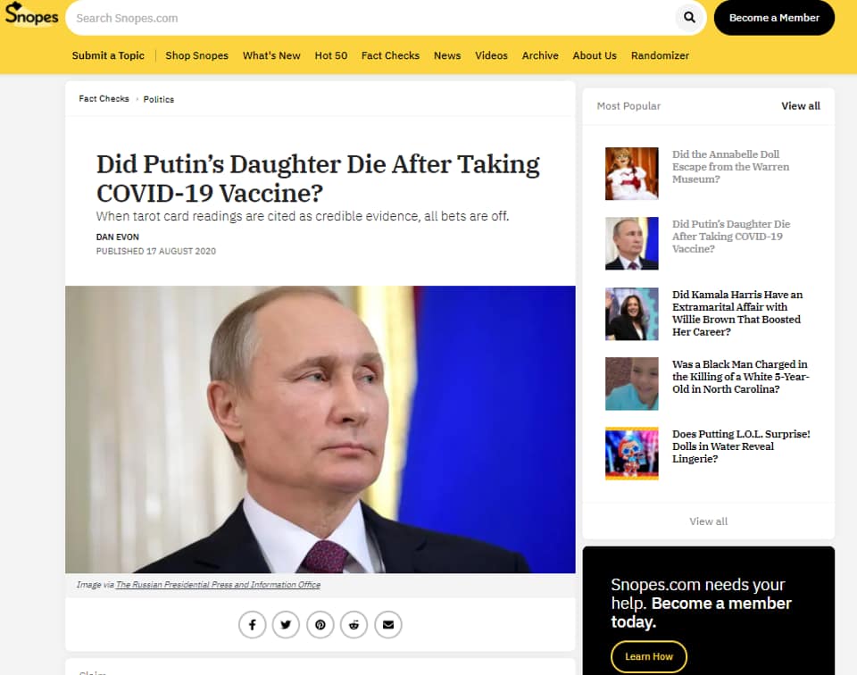 SALAH Putri Vladimir Putin Meninggal Setelah Dosis Kedua Vaksin COVID - Hoax Buster | Satgas ...