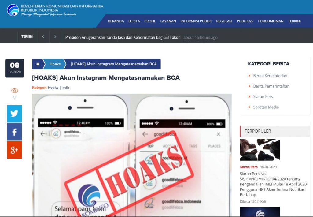  SALAH Akun  Media  Sosial  Palsu dengan  Nama Bank BCA 
