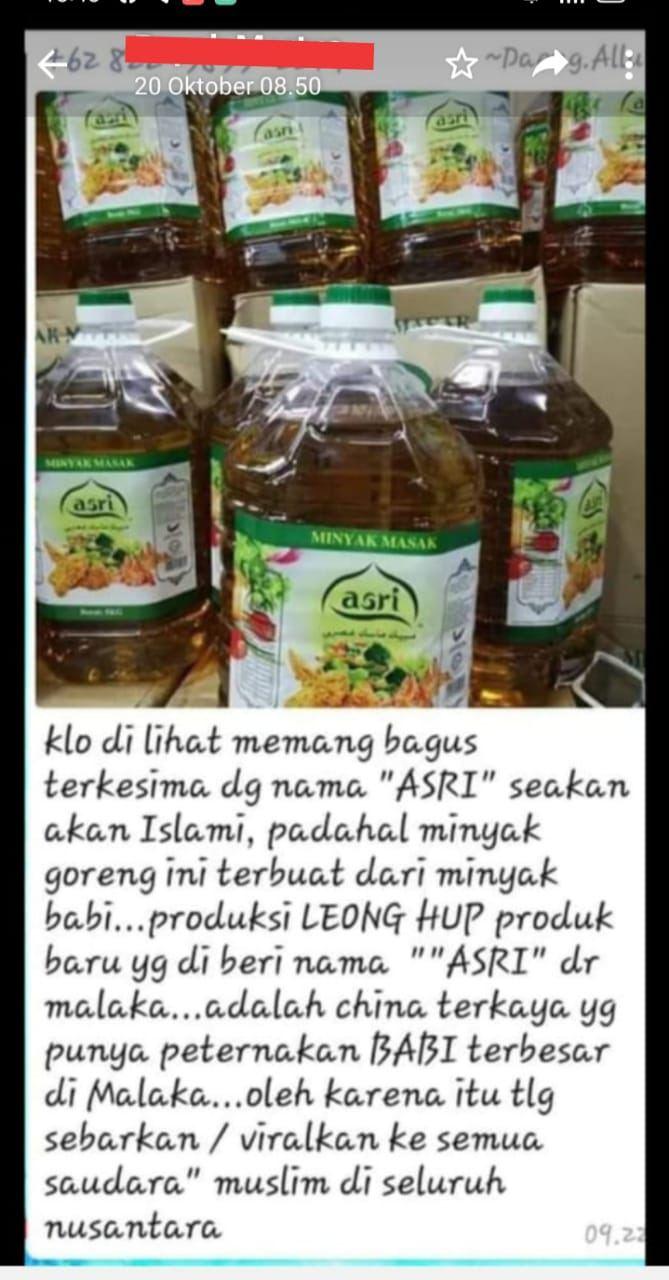 Salah Minyak Goreng Asri Di Produksi Oleh Leong Hup Terbuat Dari Minyak Babi Turnbackhoax Id