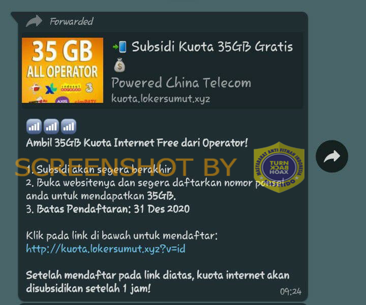 Salah Link Untuk Mendapatkan 35 Gb Kuota Gratis Dari Operator Turnbackhoax