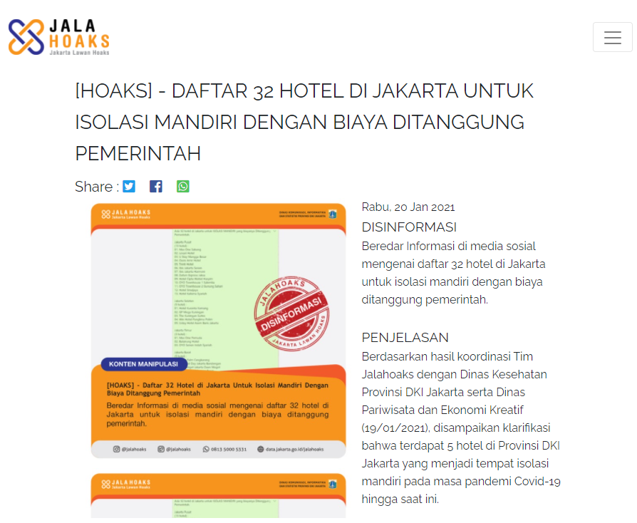 Salah Ada 32 Hotel Di Jakarta Untuk Isolasi Mandiri Yang Biayanya Ditanggung Pemerintah Hoax Buster Covid19 Go Id