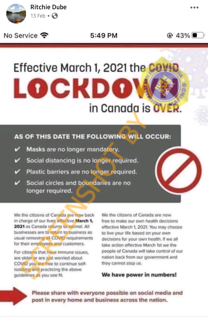 [SALAH] Masa Lockdown di Kanada Berakhir Sejak 1 Maret 2021