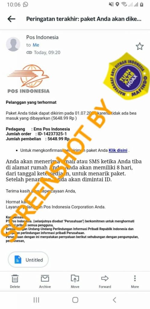 [SALAH] Email dari PT Pos Indonesia Terkait Kegagalan Pengiriman Barang