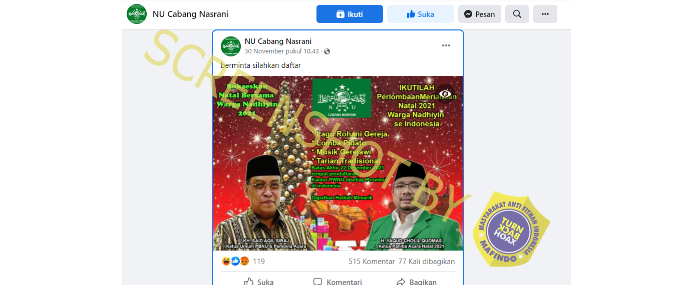 [SALAH] NU Cabang Nasrani Gelar Lomba Natal 2021