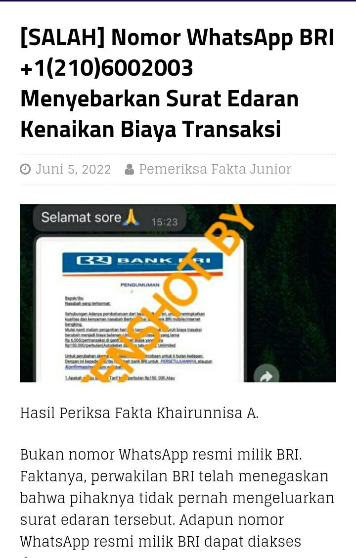 [SALAH] Perubahan Tarif Transaksi BRI – TurnBackHoax.ID